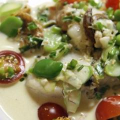 Cream-Poached Halibut Cheeks with Spring Vegetable Medley