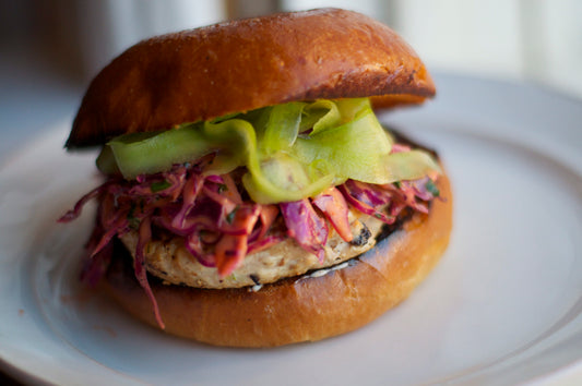 Sriracha-Sesame Tuna Burgers with Purple Cabbage Slaw