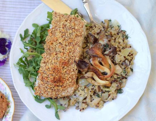 Walnut Crusted Halibut with Quinoa Wild Mushroom Risotto