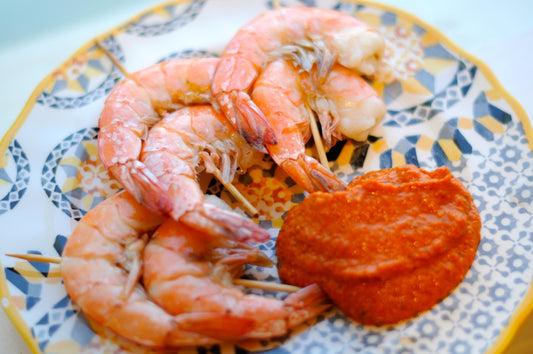 Skewered Shrimp with Roasted Hazelnut and Red Pepper Sauce