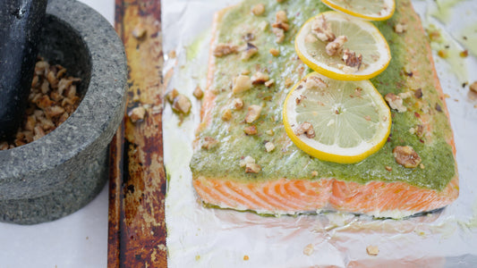 Roasted Pesto Salmon With Toasted Walnuts