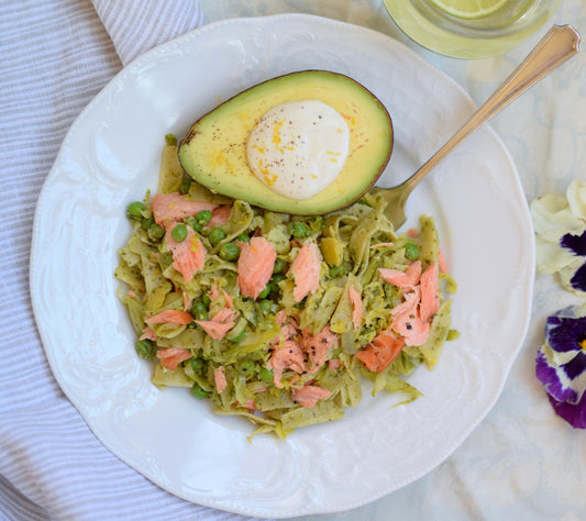 Smoked Salmon Fettuccine with Cashew Cream and Spring Veggies